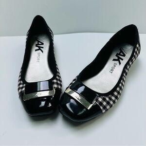 Anne Klein AK Sport Black Plaid Ballet Flats with Metal Accent